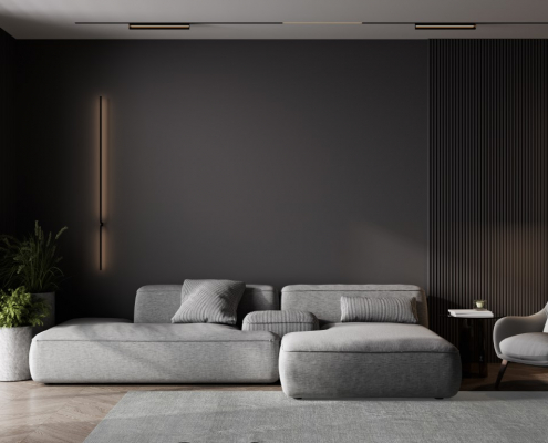 Decoración de salón con sofá gris oscuro